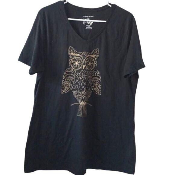 Black V-Neck Owl Print Womens Plus Size T-Shirt 16W Just My Size Soft Cotton Ble - Picture 2 of 9